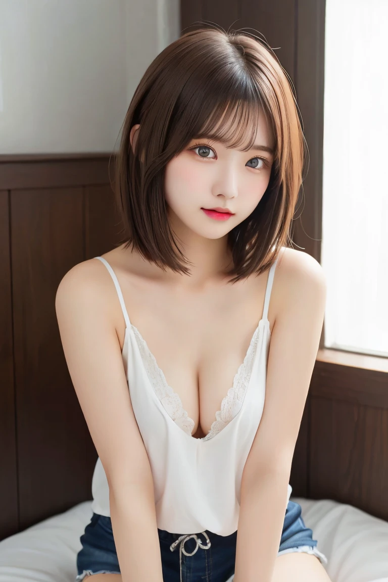 Highest quality, (beautiful)、Super delicate eyes、Brown eyes、22-year-old female、Brown Hair、looking at the camera、Semi-short hair、Camisole pulled down low enough to expose nipples、Soft Breasts、Shorts、indoor、Natural Lip