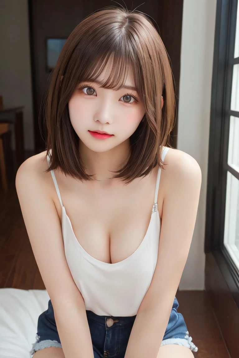 Highest quality, (beautiful)、Super delicate eyes、Brown eyes、22-year-old female、Brown Hair、looking at the camera、Semi-short hair、Camisole pulled down low enough to expose nipples、Soft Breasts、Shorts、indoor、Natural Lip