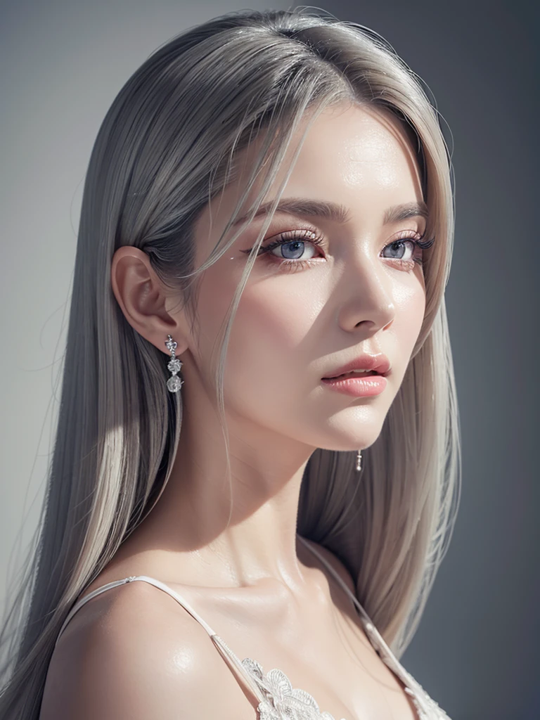 a woman with beautiful features, long grey hair, wearing a pure white dress, high quality, photorealistic, detailed portrait, extremely detailed face, beautiful eyes and lips, long eyelashes, well-proportioned body,  perfect perspective, masterpiece, 8k, photo-realistic
