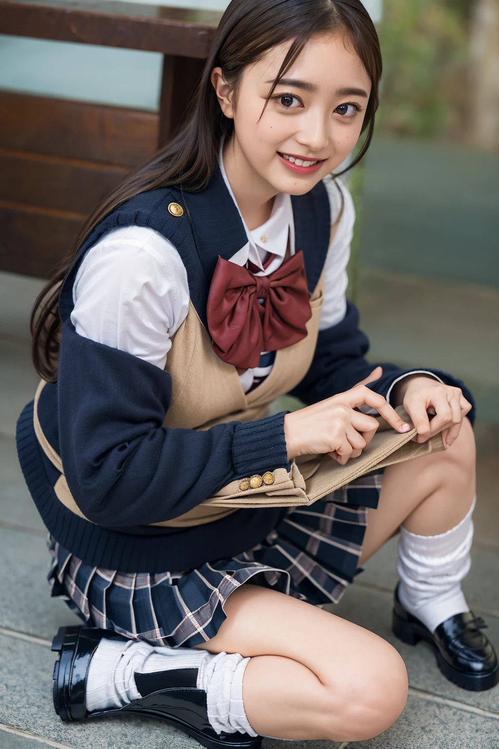 ((highest quality、8k、masterpiece:1.3)),((((cowboy shot)))),Ultra-high resolution,big eyes,Japanese,bangs,(a girl),(1 girl),((20 years old)),((facing at viewer)),(long hair),(((black sailor uniform))),grin,((sitting on chair)),(pleated mini skirt),(((pussy))),((pubic hair)),((skirt lift)),((short crew socks))