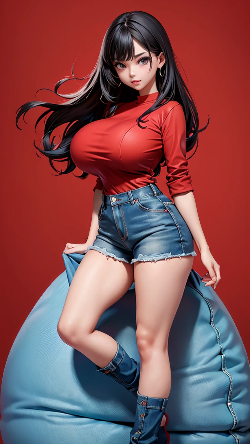 (full_body)、Woman、red_background、(big_breasts:1.5)、denim