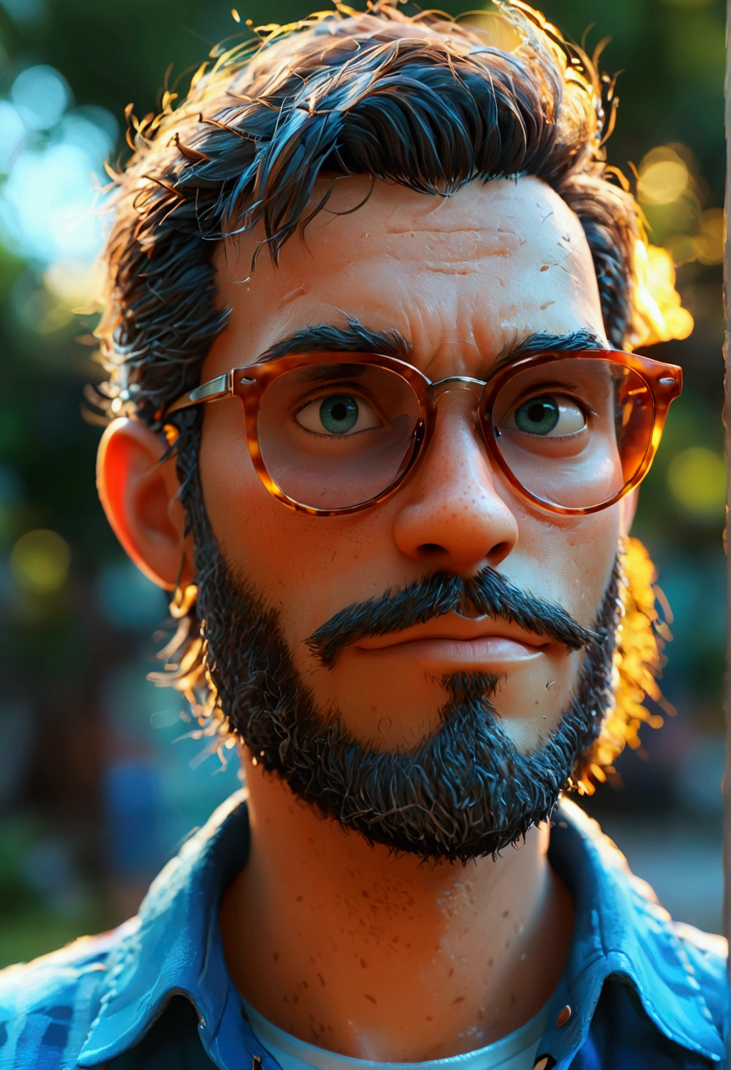 Cartoon character of a man in sunglasses and blue shirt, animation character, stylized character, animation style rendering, 3d stylized, Arnold Maya rendering, Stylized 3D rendering, toon render screenshot, 3d character, 3d character, Stylized 3D rendering, 3D character rendering, cartoon character, Personagem de close up, character posing, (Pixar-style) (master part:1.2) (bokeh) (best qualityer) (skin detailed) (detailed texture) (8K) (Argilla) (cinematic lighting) (sharp focus