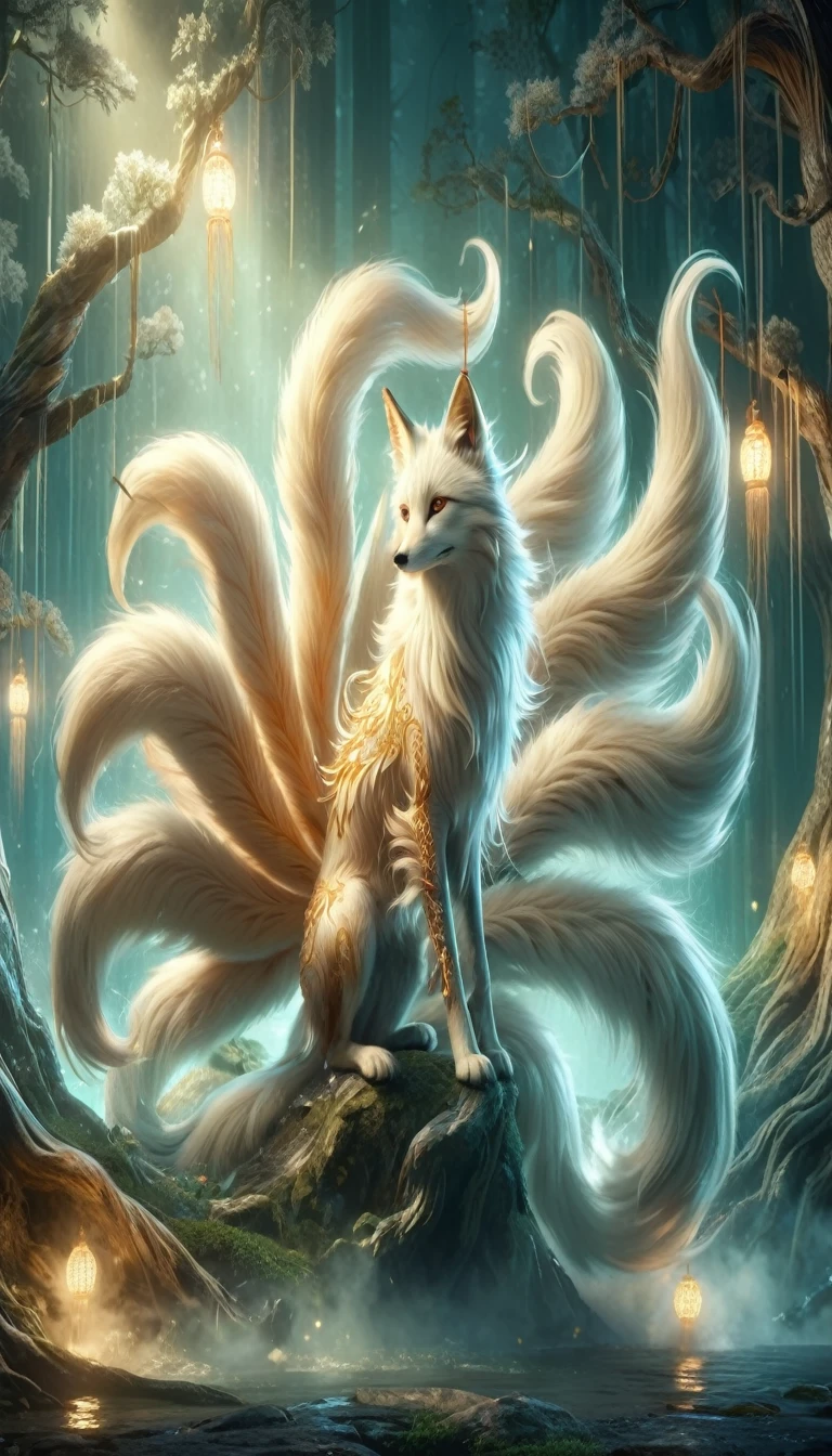 Panorama,It looks like a beautiful white fox with nine tails on its back.,Mysterious Creatures, (Highest quality,4K,8K,Superior,masterpiece:1.2),Super detailed,(real,Photo realistic,Photo realistic:1.37),Very detailed drawings of animals,Complex patterns,real照明,Fantasy creatures