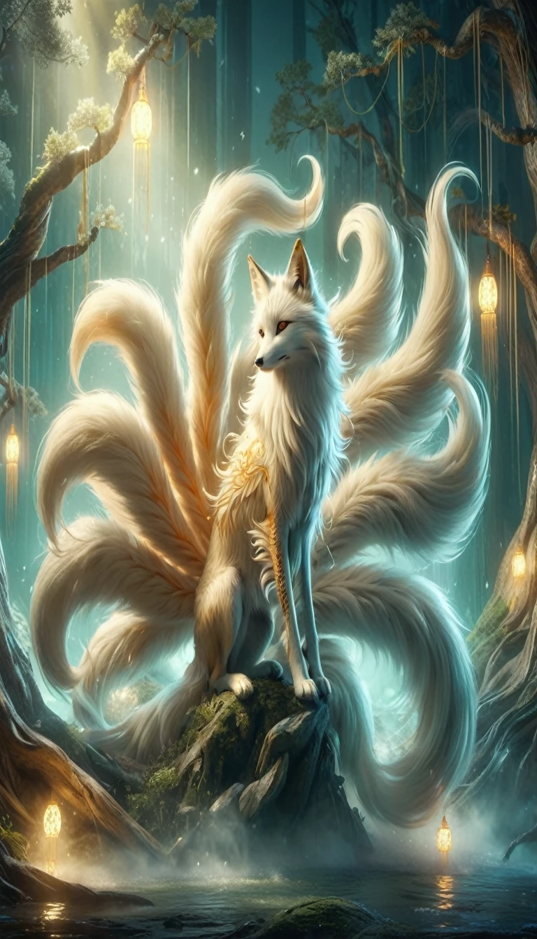 Panorama，It looks like a beautiful white fox with nine tails on its back.，Mysterious Creatures, (Highest quality，4K，8K，Superior，masterpiece：1.2），Super detailed，（real，Photo realistic，Photo realistic：1.37），Very detailed drawings of animals，Complex patterns，real照明，Fantasy creatures