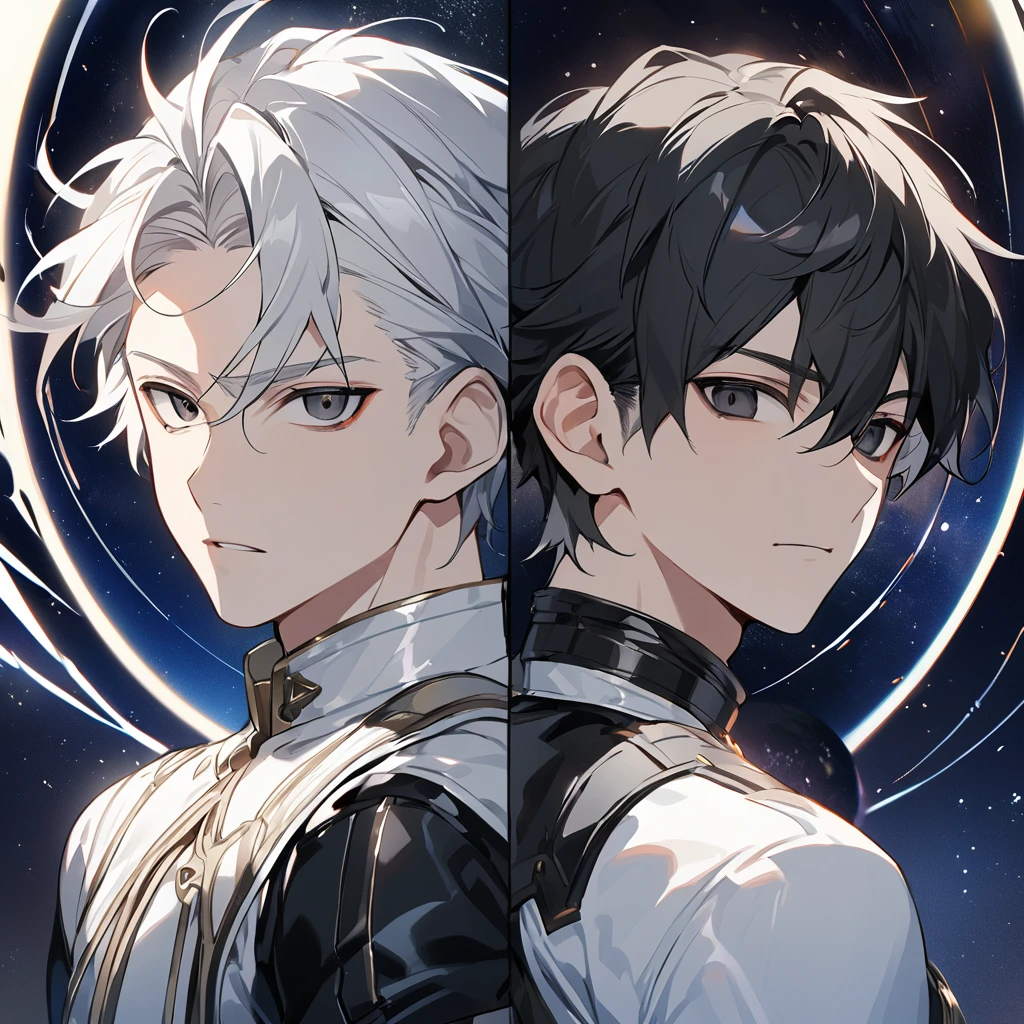 High quality, HD, 4k, no shadows, handsome male, 1male, 17 years old, teenager, golden lining, short white hair, sharp eyes, dark black eyes, deep black eyes,black eyes, devil may cry, close up, calm expression, stoic expression, black leather clothes, white leather clothing, lean body, well trained body, upper body, looking at viewer, cowboy shot, white solar, space background
