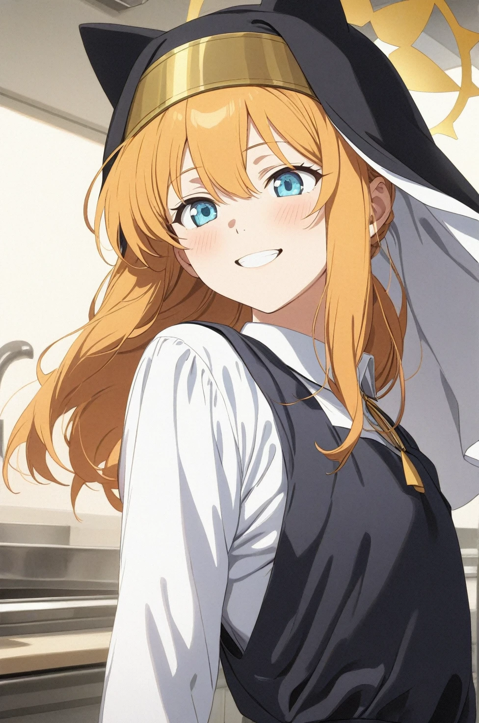 best quality, amazing quality, very aesthetic, absurdres, (1girl, mari, blue archive, solo, blue eyes, orange hair, nun), (realistic face:0.7),(pinafore dress:2), (grin, blush, thigh:1.3), (cowboy shot), (glowing eyes:1.1), (half closed eyes:0.9), (from side:2),(from above:0.4), (kitchen), expressive eyes, perfect face, 4k, extremely detailed anime illustration, extremely detailed eyes, perfect anatomy, light rays, extremely delicate body, smooth skin, (school background:1.5), clear eyes, beautiful face, small breasts,(anime style:1.5), (Chiaroscuro:1.5), (highres:2), cinematic
