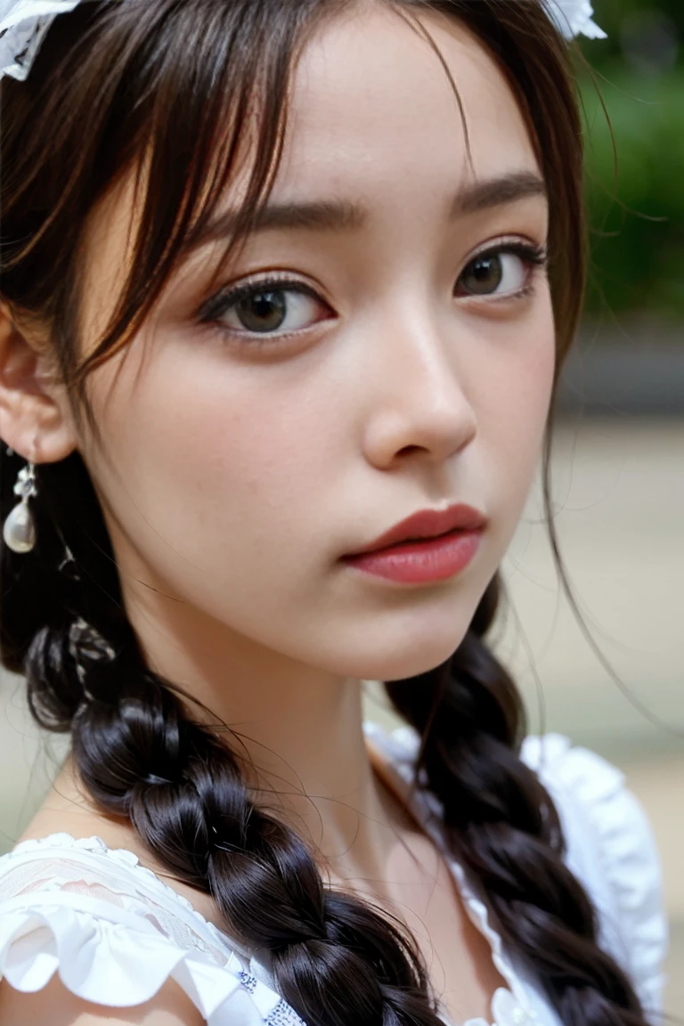 Highest quality, Ultra Nothing, Realistic, Beautiful Woman Photos, 30th Generation, Detailed face, Black Messy Fishtail Braid, (Exquisite porcelain doll,Delicate clothing with lots of frills and ribbons), Beach, (Face close-up), Captivating look, View your viewers