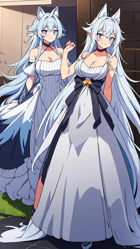 lvl2kara, Fenrys, Fenrisu, long hair, silver hair, light blush, smile, wolf girl, starrystarscloudcolorful, full body, adult, FenrysLv2, grey hair, very long hair, blue eyes, wolf ears, pointy ears, choker, white dress, bare shoulders, black ribbon, cleavage, strap slip