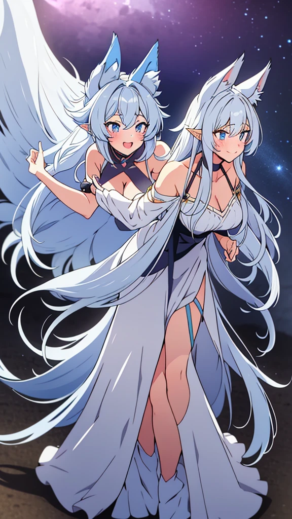 lvl2kara, Fenrys, Fenrisu, long hair, silver hair, light blush, smile, wolf girl, starrystarscloudcolorful, full body, adult, FenrysLv2, grey hair, very long hair, blue eyes, wolf ears, pointy ears, choker, white dress, bare shoulders, black ribbon, cleavage, strap slip