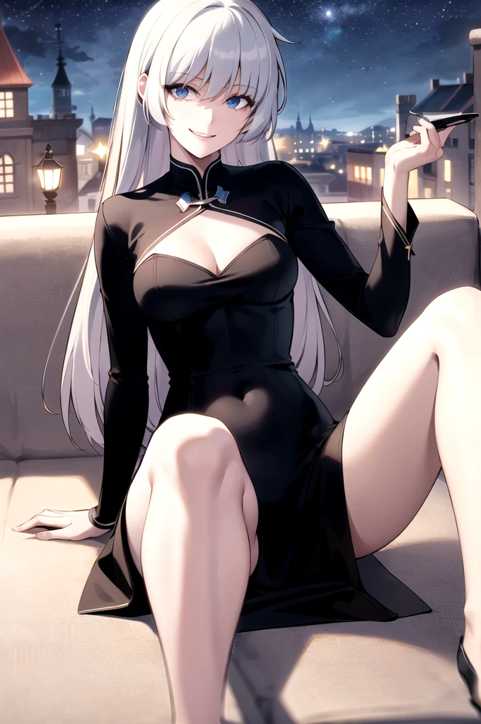best quality, (masterpiece:1.2), detailed,Alice,smile with one's teeth exposed,gray hair, long hair, red eyes, pointy ears, Huge, erect nipples , ((Pussy exposure)), (((Breast exposure))), (((Very slender waist))),
black latex dress, cleavage cutout, thighs, thighs 스트립, seat, Spread your legs, head tilt, looking at viewer,
castle, night, firefly, starry sky,