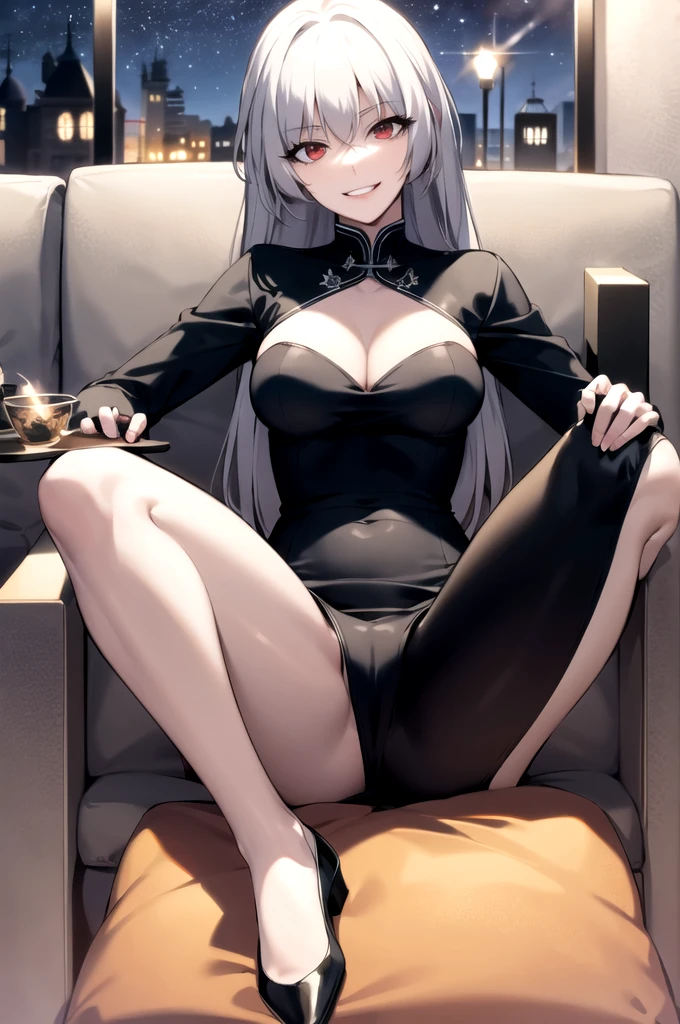 best quality, (masterpiece:1.2), detailed,Alice,smile with one's teeth exposed,gray hair, long hair, red eyes, pointy ears, Huge, erect nipples , ((Pussy exposure)), (((Breast exposure))), (((Very slender waist))),
black latex dress, cleavage cutout, thighs, thighs 스트립, seat, Spread your legs, head tilt, looking at viewer,
castle, night, firefly, starry sky,