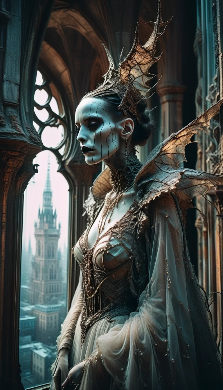 A stylish, eerie dead creature stands atop a fantastical city, designed by Peter Mohrbacher, captured in a photojournalism style on Kodak Ektar 100 film. The creature's decayed yet elegant form is clad in intricate, tattered clothing, exuding a macabre sophistication. Its hollow, haunting eyes gaze over the sprawling cityscape of towering spires and ethereal architecture, with hexagonal windows and iridescent details. The medium shot, taken with a Sony A7R IV using an anamorphic lens, reveals the creature's commanding presence against the backdrop of the fantasy city, bathed in natural light. The scene, styled after Helmut Newton's nostalgic and evocative photography, blends the eerie and the beautiful, capturing a moment of haunting elegance in an otherworldly setting.