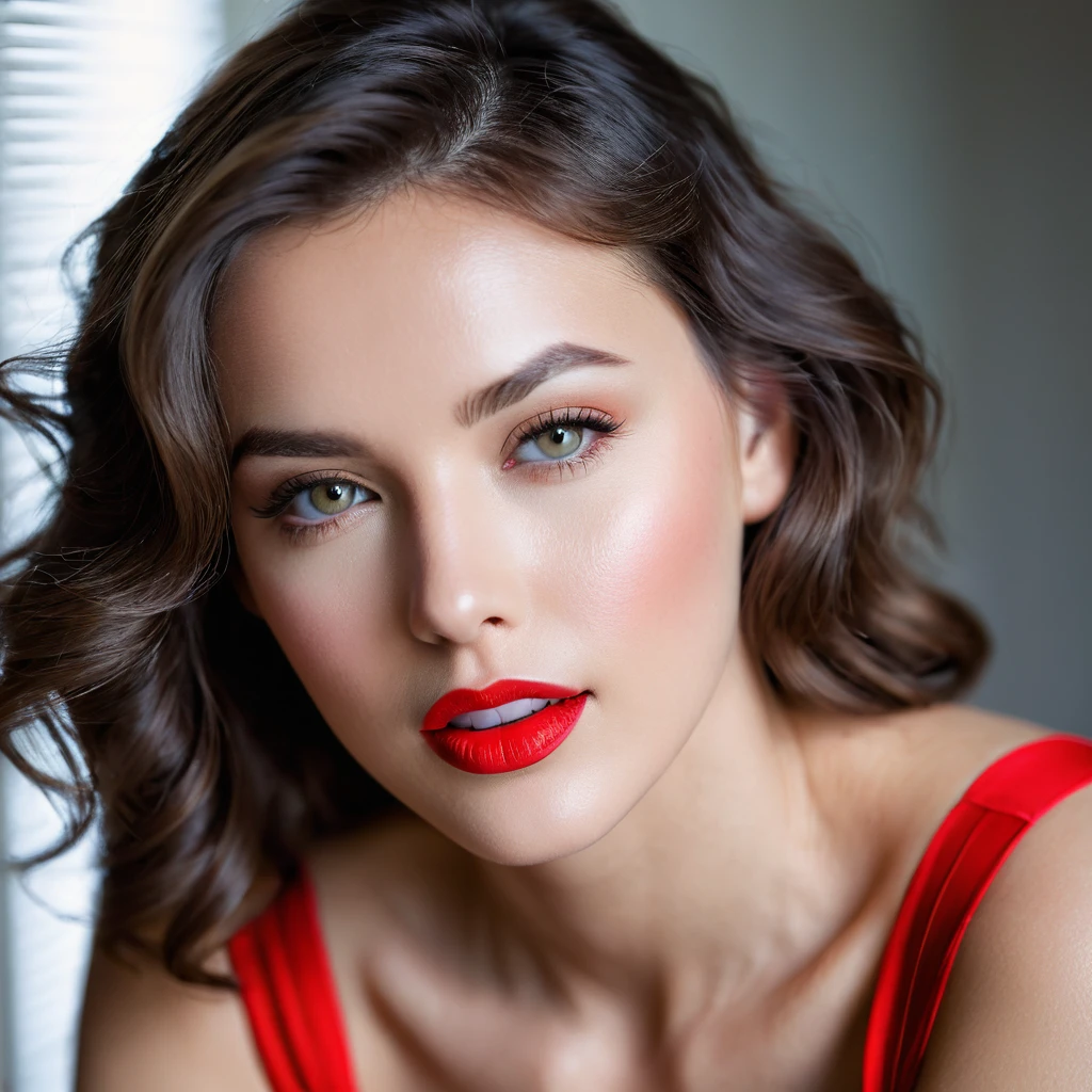 Photographic portrait of a beautiful young model, in direct frontal view, with head slightly tilted to the right and face raised, with sleepy eyes, and lips open and prominent, with a bright red lipstick color, very white and perfect teeth, smooth white skin texture and delicate, dark and wavy hair falling over the left side of the face, Camera R6 50mm lens, wide aperture f/1.4, obtaining a blurred background and keeping the focus on the model, beautifully backlit face with attractive red lips, well-defined shadow in the background and soft light coming from the right, of a window with shutters, which creates diagonal shadows on the face, providing contrast and depth, soft color palette, but highlighting the vibrant color of red lipstick, sharp focus, photo-realistic, best quality, masterpiece, hdr, 8k