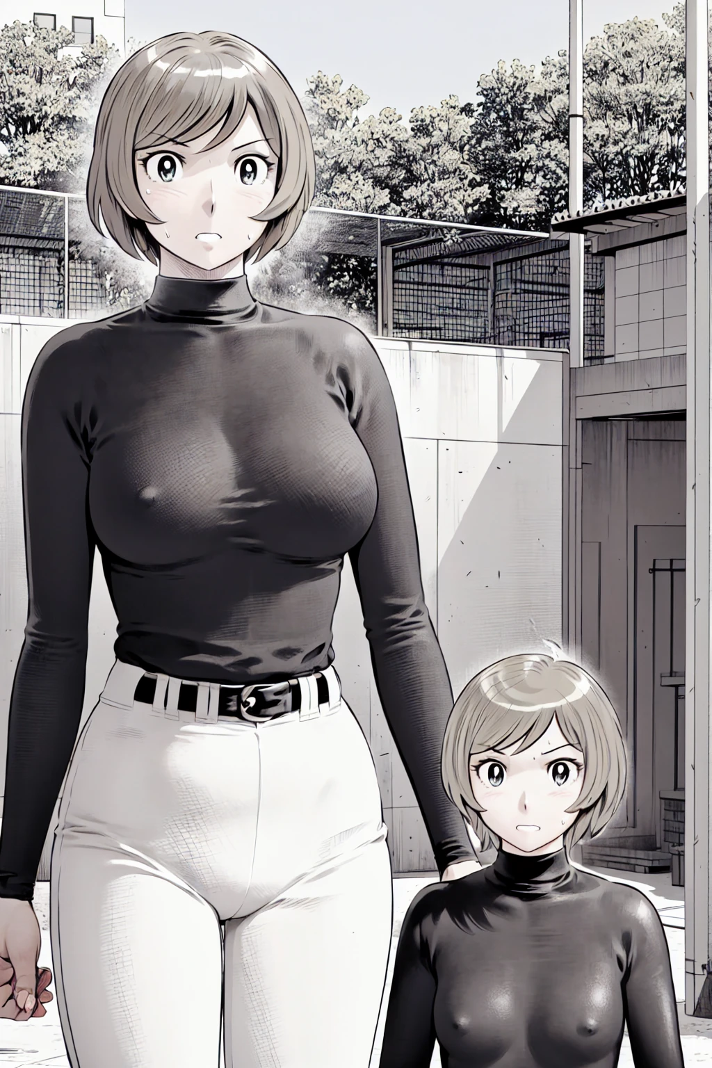 (野球uniform:1.2),
blonde, (short hair:1.2),Long sleeve, Black Shirt, turtleneck,White trousers、uniform、Black belt、((People illustrations))、big 、
View your audience,, (Highest quality:1.3),One Girl, White pants、uniform、Outdoor、baseball ground、ground、soil、blue eyes、Tight black shirt、(masterpiece、Highest quality)、Highest quality, Ultra-high resolution, (((masterpiece))), alone, Sweat、big eyes、big Breasts、Torn clothes、 Fully exposed、Nipples、One Girl, Front view、Embarrassed face、Bronze colored hair、((short hair))、Stand up straight、Cowboy Shot