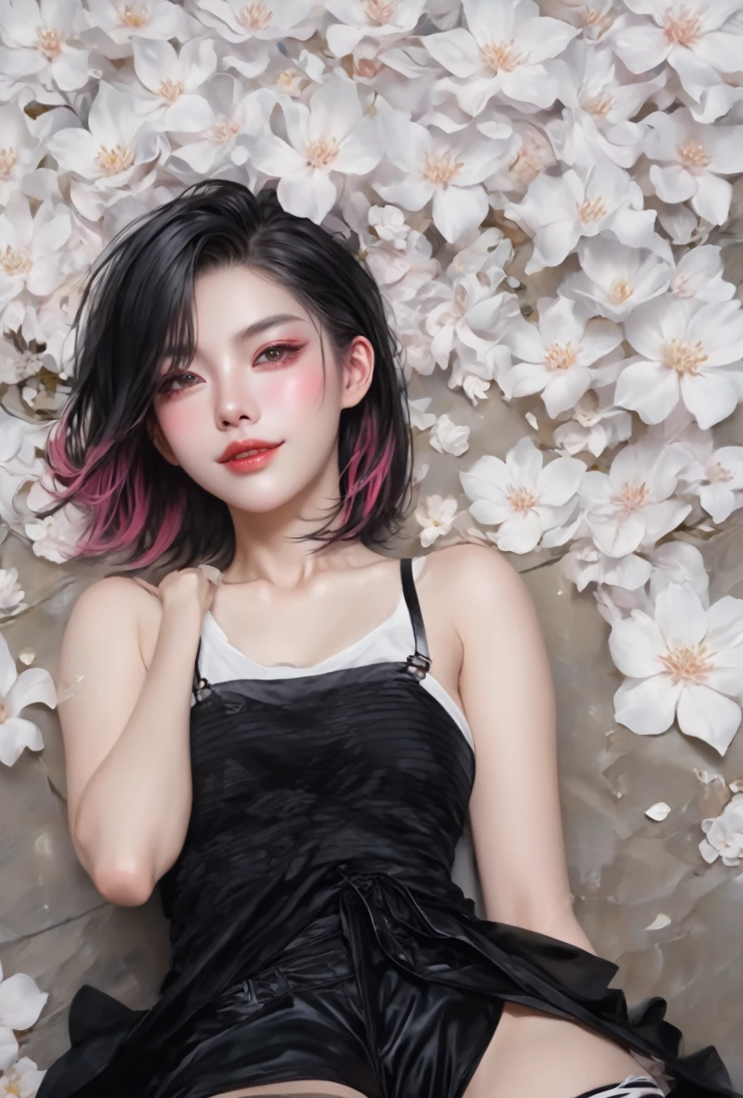 1 girl，Silver short hair，Beautiful facial features，Exquisite makeup，small freckles，Pearl Necklace，Black suspender skirt，Shoulder，White hair on arms、Close-up of miss wearing white mask, Beautiful character painting, Gu Weiss, Gurwitz-style artwork, White-haired god, author：Yang Jie, Epic and beautiful character art, Stunning character art, author：Fan Qi, by Wuzhun Shifan, pixiv Art Street Guviz, Single ponytail, insult, High Ponytail, Tall and big, Long legs, (Sleeveless lace shirt), (shorts), (Striped )), ((Striped )), Walk, elegant, dignified, miss, Beautiful curves, sweet smile, Strong sense of detail and layering, color丰富绚丽, Has a unique texture, rich and colorful, color, vivid, Design Art, 16K, Very detailed, {{illustration}}, {Extremely refined}, {Exquisite surface treatment}, Very detailed, Delicate and shining eyes, {{Light}}, 极致Light效果, Model: realism, CFG size: 12, Laura: Bright texture (1.35), high quality, masterpiece, Exquisite facial features, Delicate hair depiction, Detailed depiction of the eyes, masterpiece, best quality, Light線追蹤, Extremely detailed CG unified 8k wallpaper, masterpiece, best quality, (1 girl), 完美miss身材, (((tight white t shirt))), beautiful eyes, (Delicate face), Black short hair, Tie your hair up, Light blue hairpin, Black silk frame glasses, in class, (White skin), (Optimal Lighting), (Super intricate details), 4K Unified, (Very detailed CG), Showing off her white legs, , Hot Pants, shorts,性感Long legs, Thin waist, Sweat is running down my waist, Showing belly, Extremely detailed depiction, Pink Hair, Asymmetrical bangs, Transparent clothes, Hands on thighs, 把目Light移開, 8k resolution, Raise an eyebrow, Shiny hair, flower head, Wristband, bandage，leather