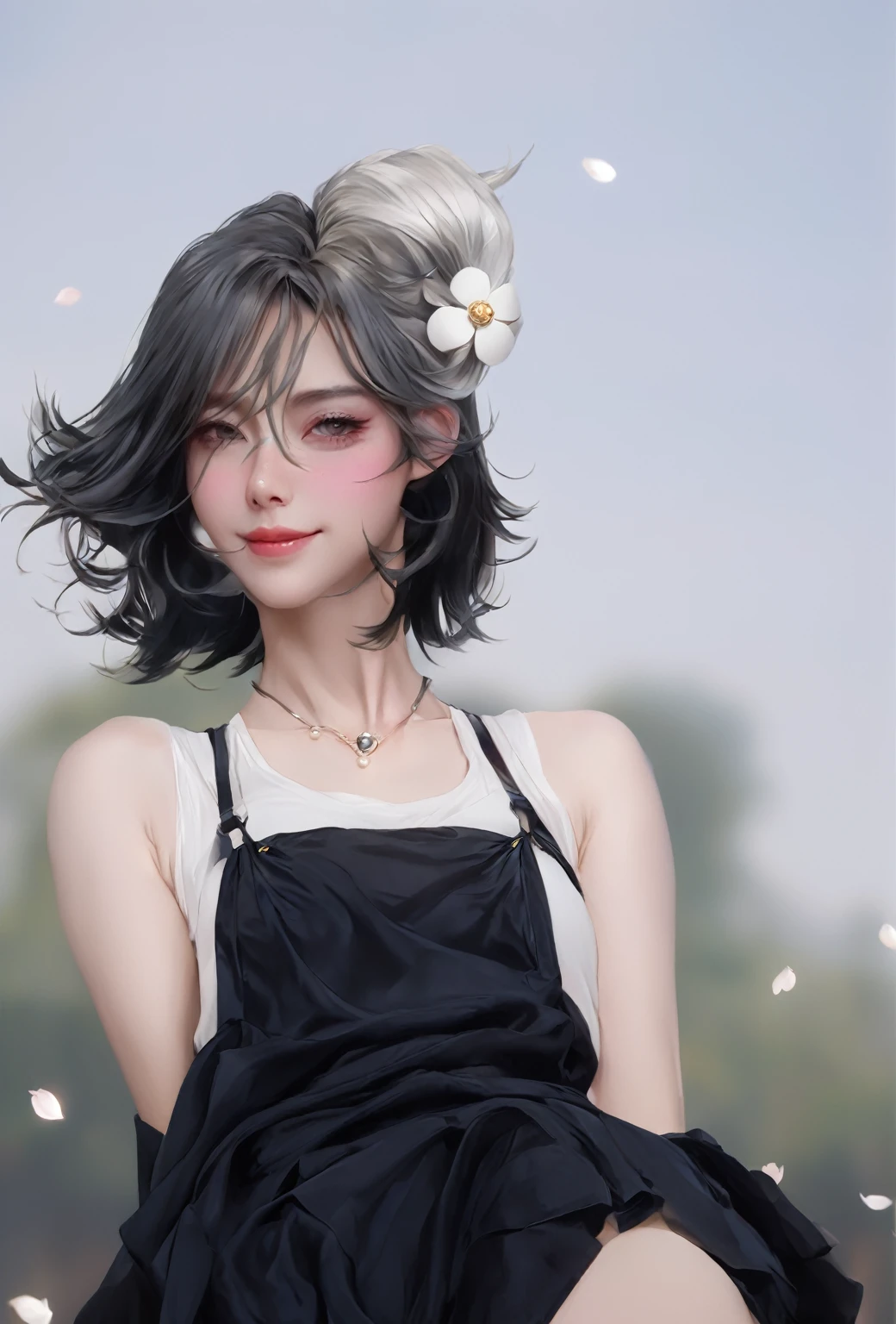 1 girl,Silver short hair,Beautiful facial features,Exquisite makeup,small freckles,Pearl Necklace,Black suspender skirt,Shoulder,White hair on arms、Close-up of miss wearing white mask, Beautiful character painting, Gu Weiss, Gurwitz-style artwork, White-haired god, author:Yang Jie, Epic and beautiful character art, Stunning character art, author:Fan Qi, by Wuzhun Shifan, pixiv Art Street Guviz, Single ponytail, insult, High Ponytail, Tall and big, Long legs, (Sleeveless lace shirt), (shorts), (Striped )), ((Striped )), Walk, elegant, dignified, miss, Beautiful curves, sweet smile, Strong sense of detail and layering, color丰富绚丽, Has a unique texture, rich and colorful, color, vivid, Design Art, 16K, Very detailed, {{illustration}}, {Extremely refined}, {Exquisite surface treatment}, Very detailed, Delicate and shining eyes, {{Light}}, 极致Light效果, Model: realism, CFG size: 12, Laura: Bright texture (1.35), high quality, masterpiece, Exquisite facial features, Delicate hair depiction, Detailed depiction of the eyes, masterpiece, best quality, Light線追蹤, Extremely detailed CG unified 8k wallpaper, masterpiece, best quality, (1 girl), 完美miss身材, (((tight white t shirt))), beautiful eyes, (Delicate face), Black short hair, Tie your hair up, Light blue hairpin, Black silk frame glasses, in class, (White skin), (Optimal Lighting), (Super intricate details), 4K Unified, (Very detailed CG), Showing off her white legs, , Hot Pants, shorts,性感Long legs, Thin waist, Sweat is running down my waist, Showing belly, Extremely detailed depiction, Pink Hair, Asymmetrical bangs, Transparent clothes, Hands on thighs, 把目Light移開, 8k resolution, Raise an eyebrow, Shiny hair, flower head, Wristband, bandage,leather