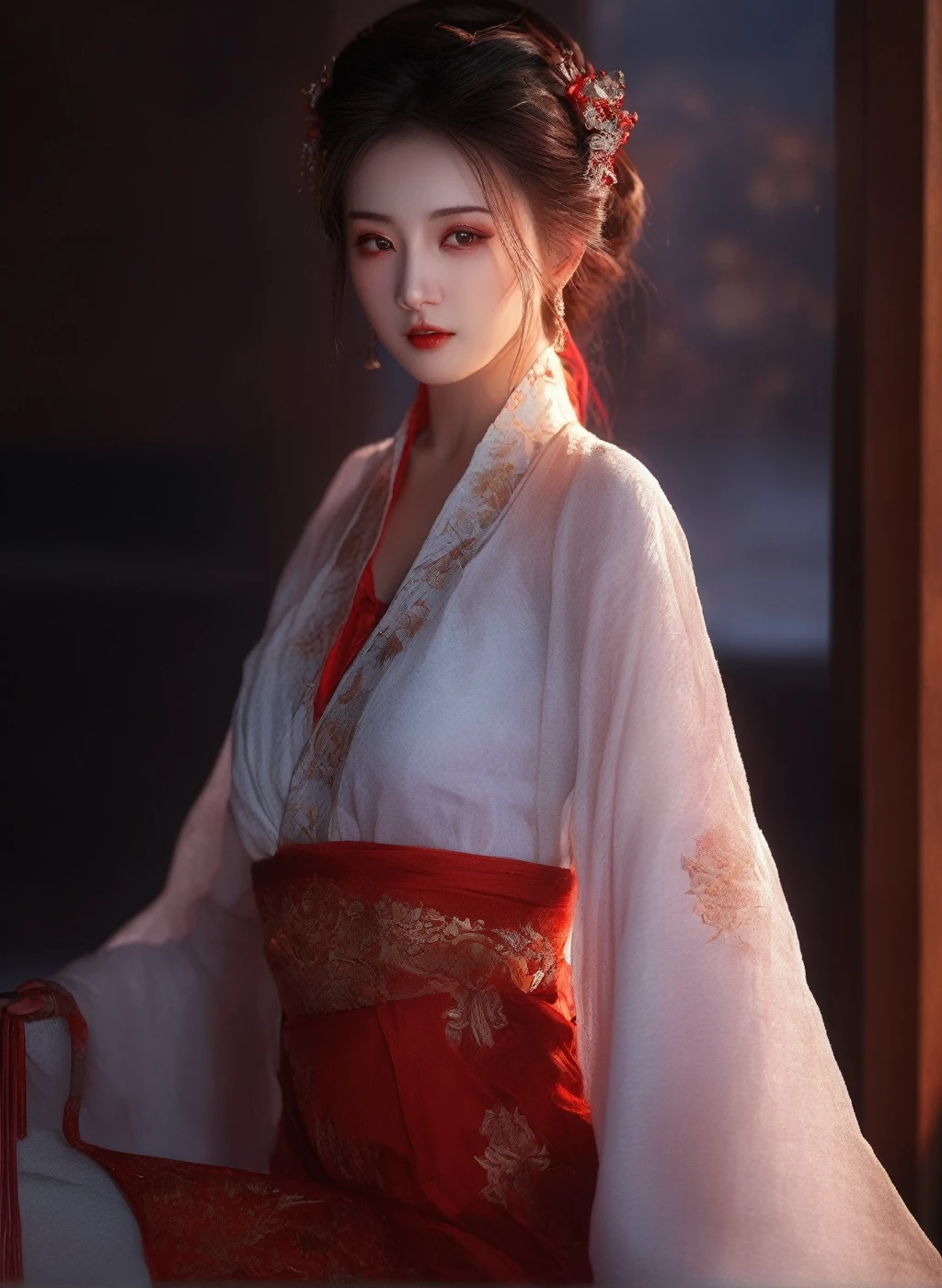 (masterpiece, best quality, ultra-detailed, best shadow), (detailed background, dark fantasy), (beautifully detailed face), high contrast, (best illumination, an extremely delicate and beautiful), ((cinematic light)), colorful, hyper detail, dramatic light, exquisite background, intricate details, (1girl, solo, colorful hair, sharp face, red eyes, hair between eyes, dynamic angle, red clothes), looking at the viewer, blood splatter,(broken glass), magic circle, in the room, full body, detail eyes, beautiful eyes, 8K, 4K, best quality, masterpiece, beautiful eyes,Realism