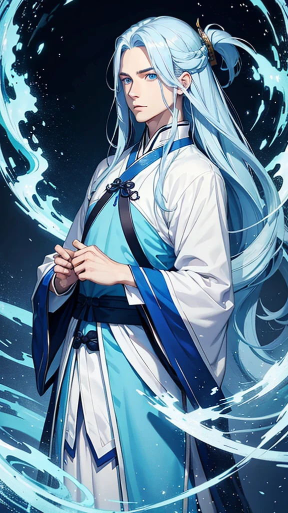 A young man, without a beard, long blue hair, Blue eyes, White skin, china, Hanfu, blue clothes