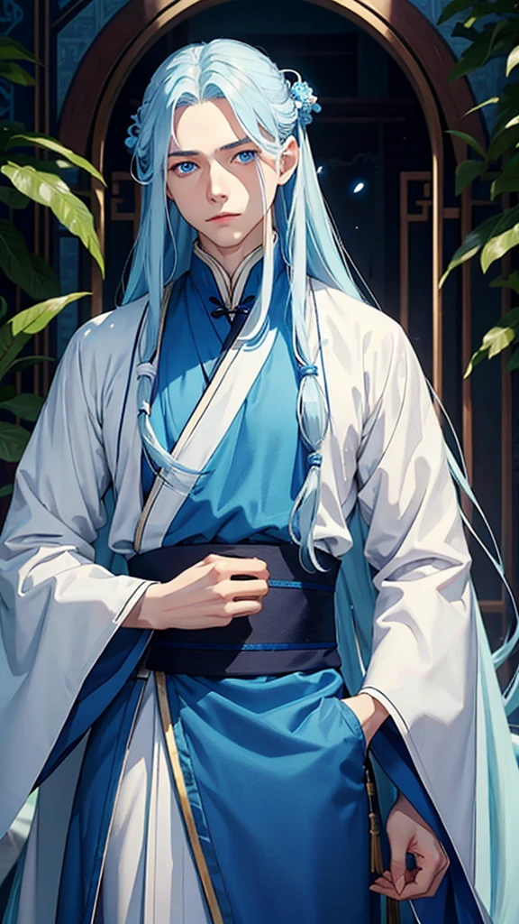 A young man, without a beard, long blue hair, Blue eyes, White skin, china, Hanfu, blue clothes