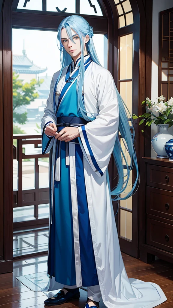 A young man, without a beard, long blue hair, Blue eyes, White skin, china, Hanfu, blue clothes