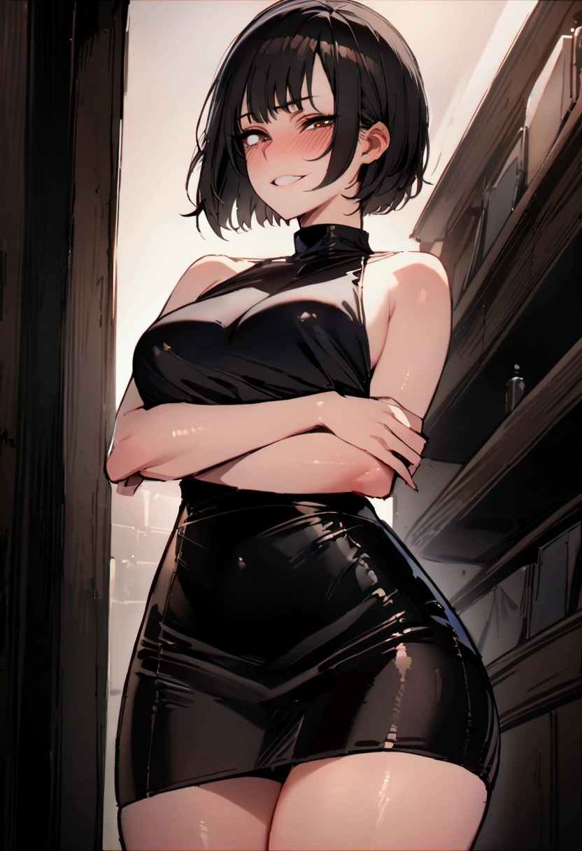 masterpiece, best quality 1girl, solo, beautiful woman, bangs, black hair, short hair, bob cut, dark brown eyes, deep blush, grin, medium breasts, black turtle neck sweeter, short black skirt, plated skirt, arms crossed under her breasts, looking at viewer