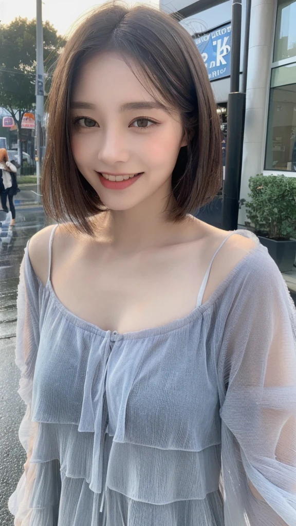 ((Highest quality, 8K, masterpiece:1.3)), concentrated: 1.2, Perfect Body Beauty: 1.4, Hips: 1.2, ((Layered Haircut, chest: 1.2)), (Wet clothes: 1.1), (rain, street:1.3), Bandeau dress: 1.1, Highly detailed face and skin texture, Beautiful Eyes, double eyelid, Whitening skin, boa Hair, (shut up: 1.3), smile