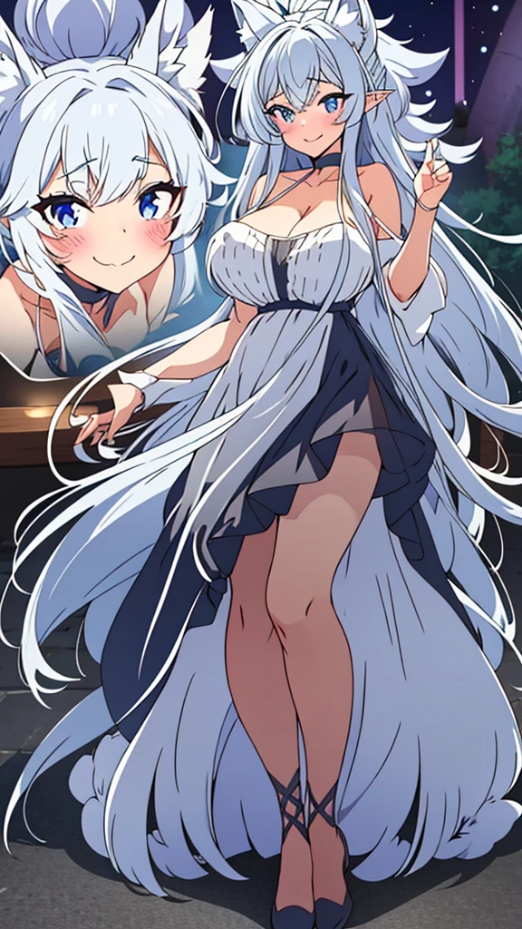 lvl2kara, Fenrys, Fenrisu, long hair, silver hair, light blush, smile, wolf girl, starrystarscloudcolorful, full body, adult, FenrysLv2, grey hair, very long hair, blue eyes, wolf ears, pointy ears, choker, white dress, bare shoulders, black ribbon, cleavage, strap slip