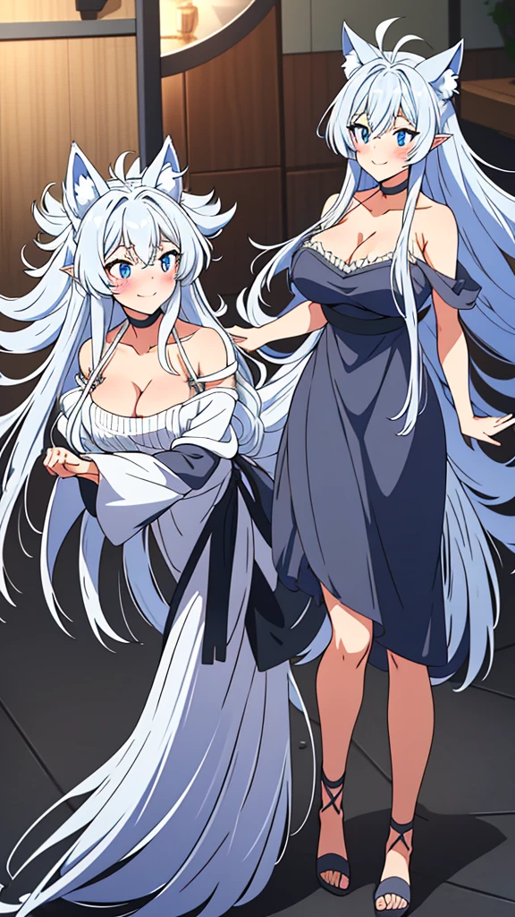 lvl2kara, Fenrys, Fenrisu, long hair, silver hair, light blush, smile, wolf girl, starrystarscloudcolorful, full body, adult, FenrysLv2, grey hair, very long hair, blue eyes, wolf ears, pointy ears, choker, white dress, bare shoulders, black ribbon, cleavage, strap slip