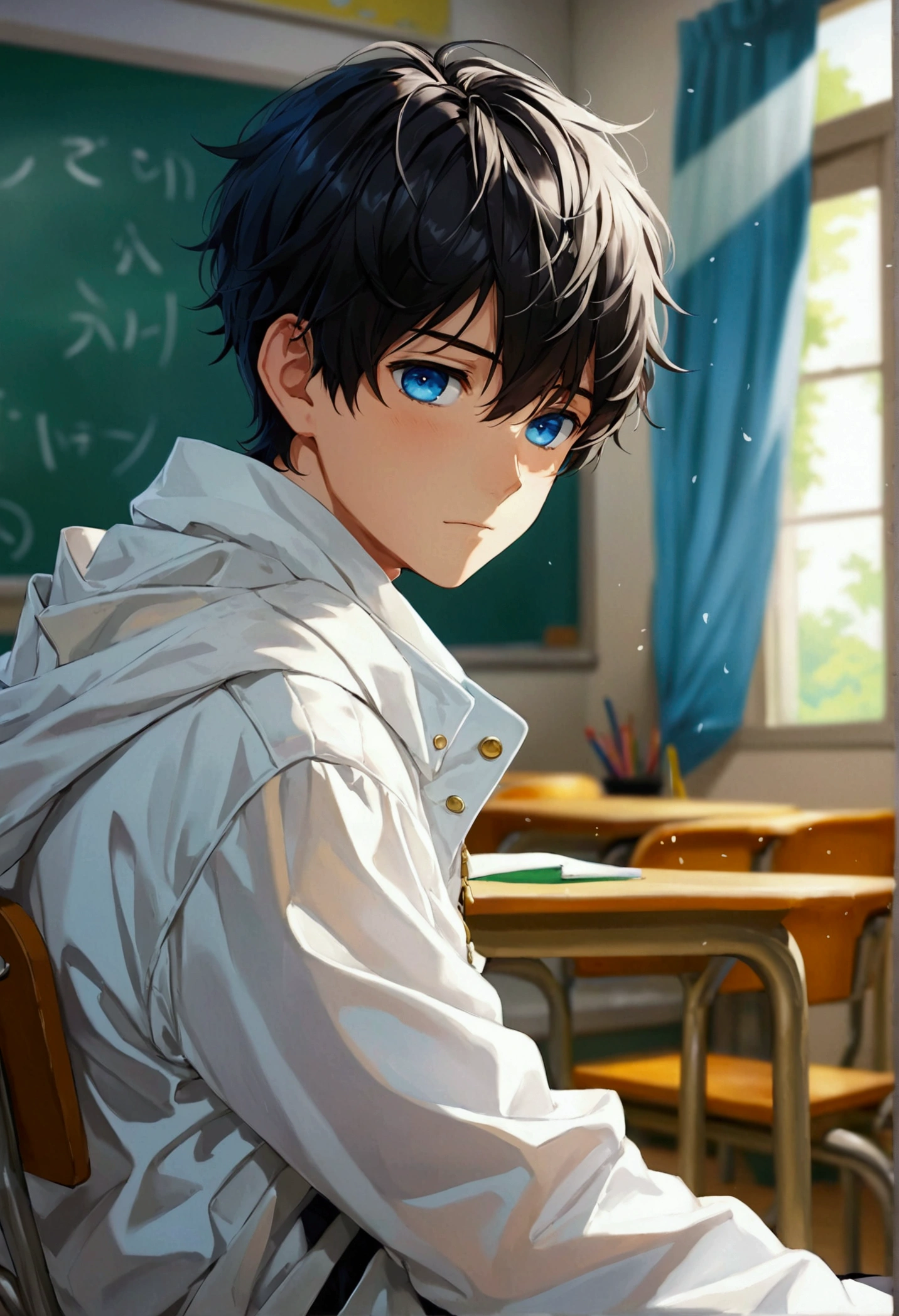 best quality: 1.0), (ultra high resolution: 1.0), anime boy, black short hair, blue eyes, white coat, black pants, Sleeping in a chair, classroom background