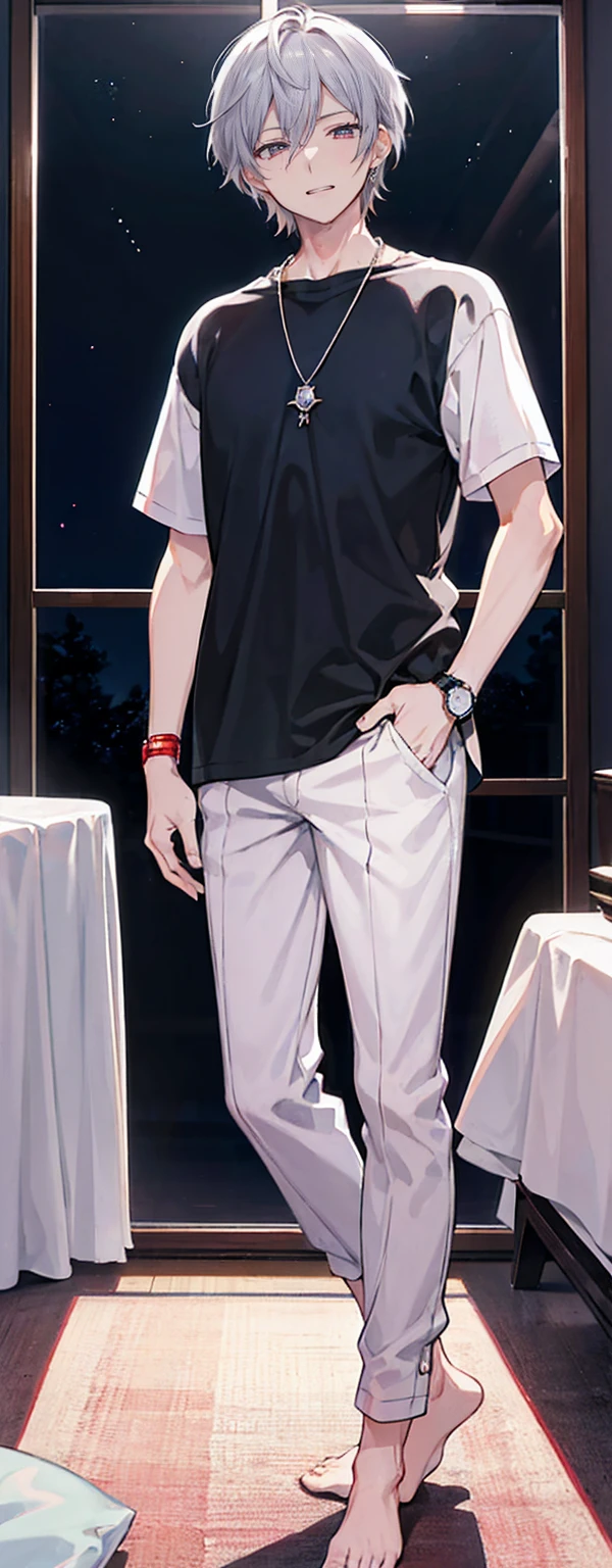 High resolution, High resolution,2D Anime Style,,Cool guy,Mature,,20th generation,short hair,Silver Hair,Red eyes,Beautiful Watches,Beautiful earrings,Beautiful Necklace,pajamas,He is laughing a little,night,Standing with your legs apart,nightの寝室