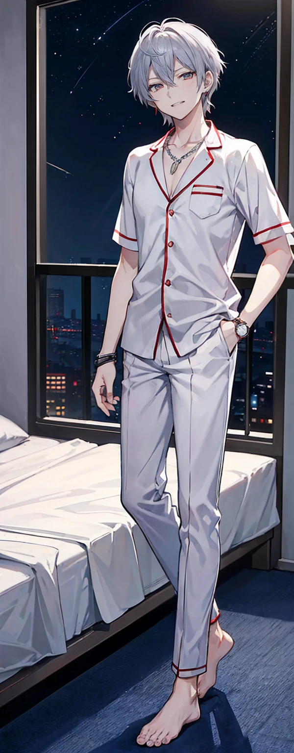 High resolution, High resolution,2D Anime Style,,Cool guy,Mature,,20th generation,short hair,Silver Hair,Red eyes,Beautiful Watches,Beautiful earrings,Beautiful Necklace,pajamas,He is laughing a little,night,Standing with your legs apart,nightの寝室