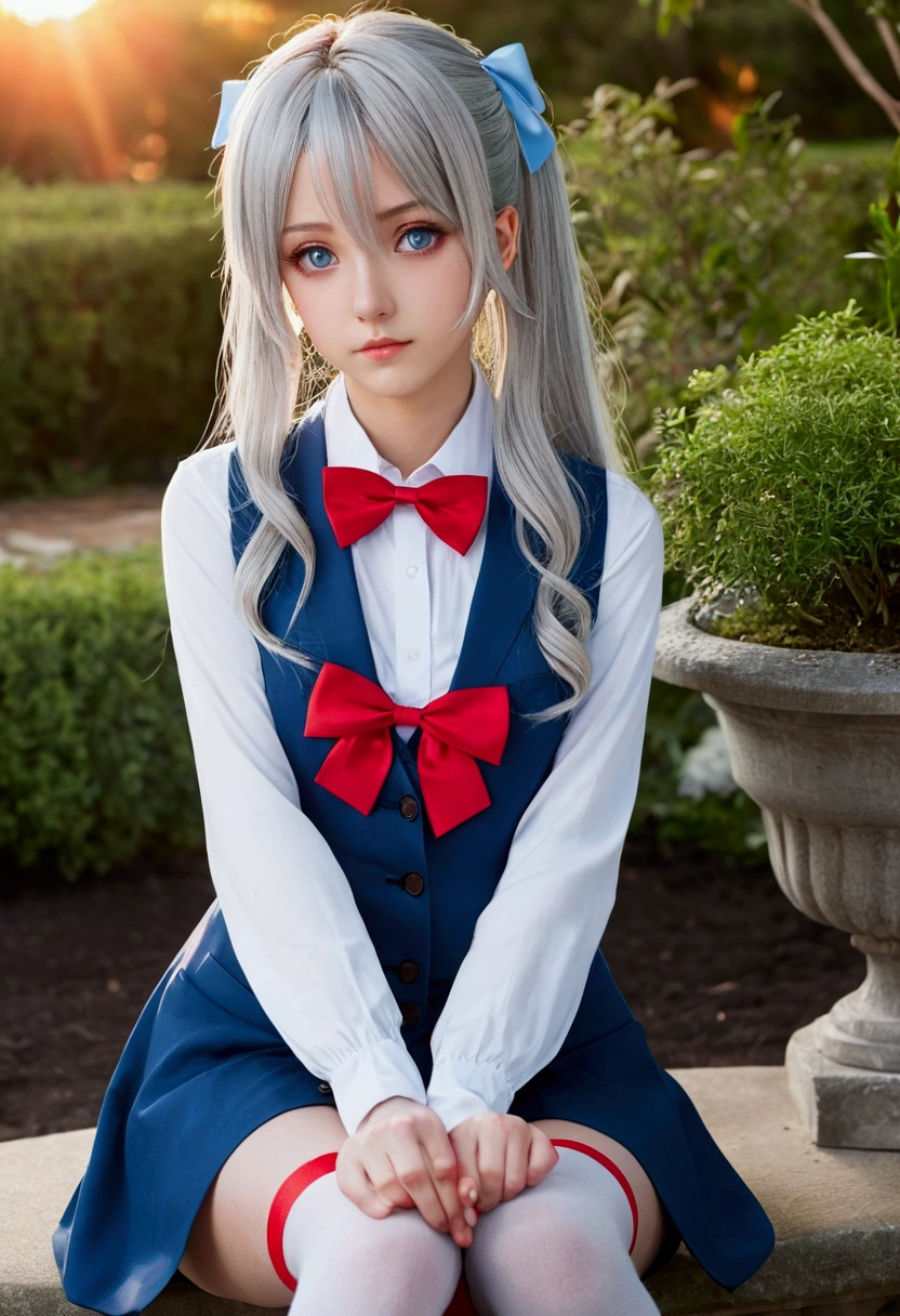 The anime girl has long, silver hair tied with a red ribbon, striking blue eyes, and a serious expression. She wears a light blazer over a dark vest or dress, a red bowtie, and white thigh-high socks, she appears thoughtful in the serene, light-filled setting.with baground Sitting in a garden at sunset