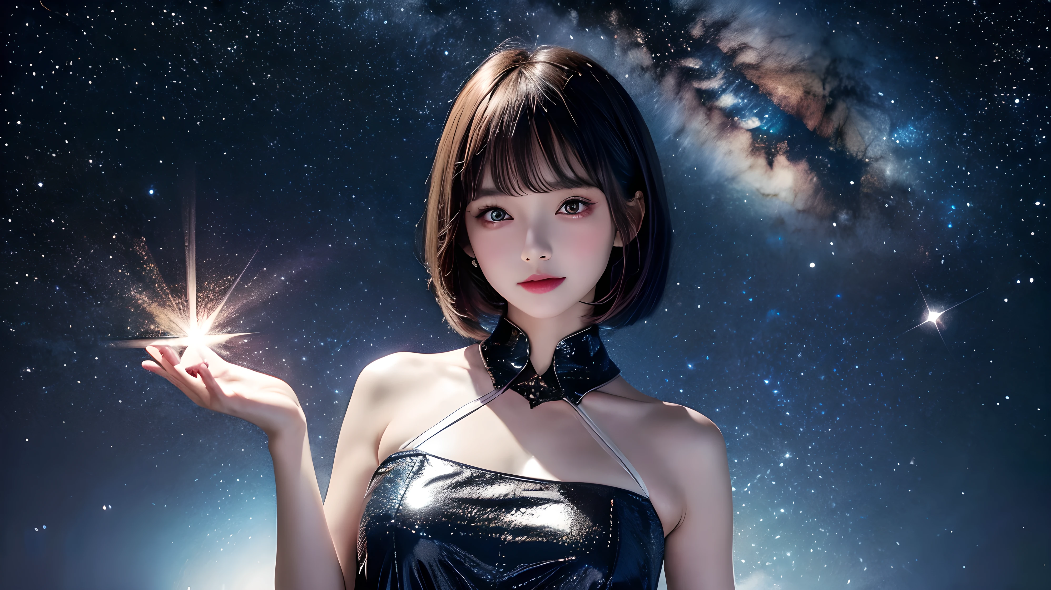 add_detail:1, starlight, stars, holding stars, glowing, space, 🌌, 1girl, young girl, curious expression, short hair, flowing hair, bangs, colorful detailed eyes, huge breasts, slim waist, upper body, from below