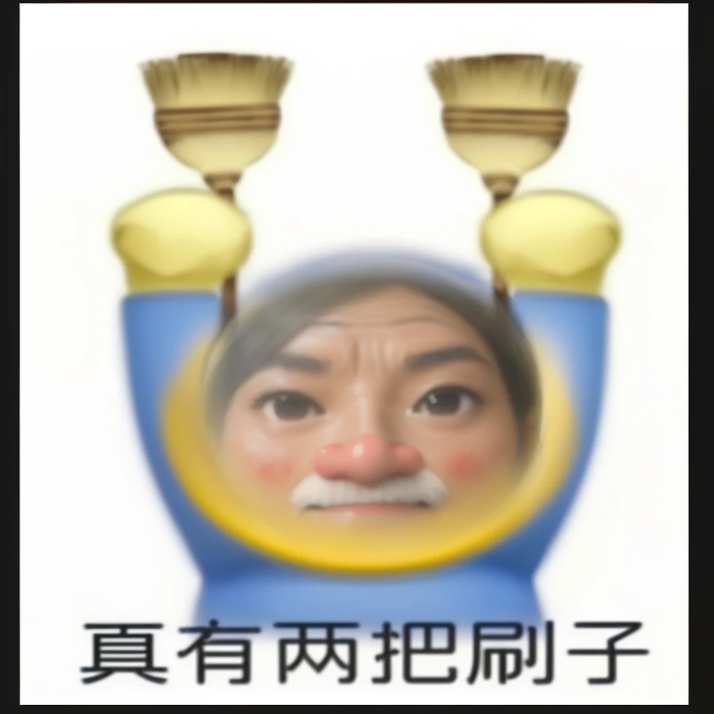 Close-up of a person holding two brooms in his hands, twitch expression, expression, Round Face, 🔞🤡, Thickness, gongbi, A black face, Zoom in on the face, Gemma Chan, 🐋 as 🐘 as 🤖 as 👽 as 🐳, Blurred face, 小Round Face, (((luke chueh)))