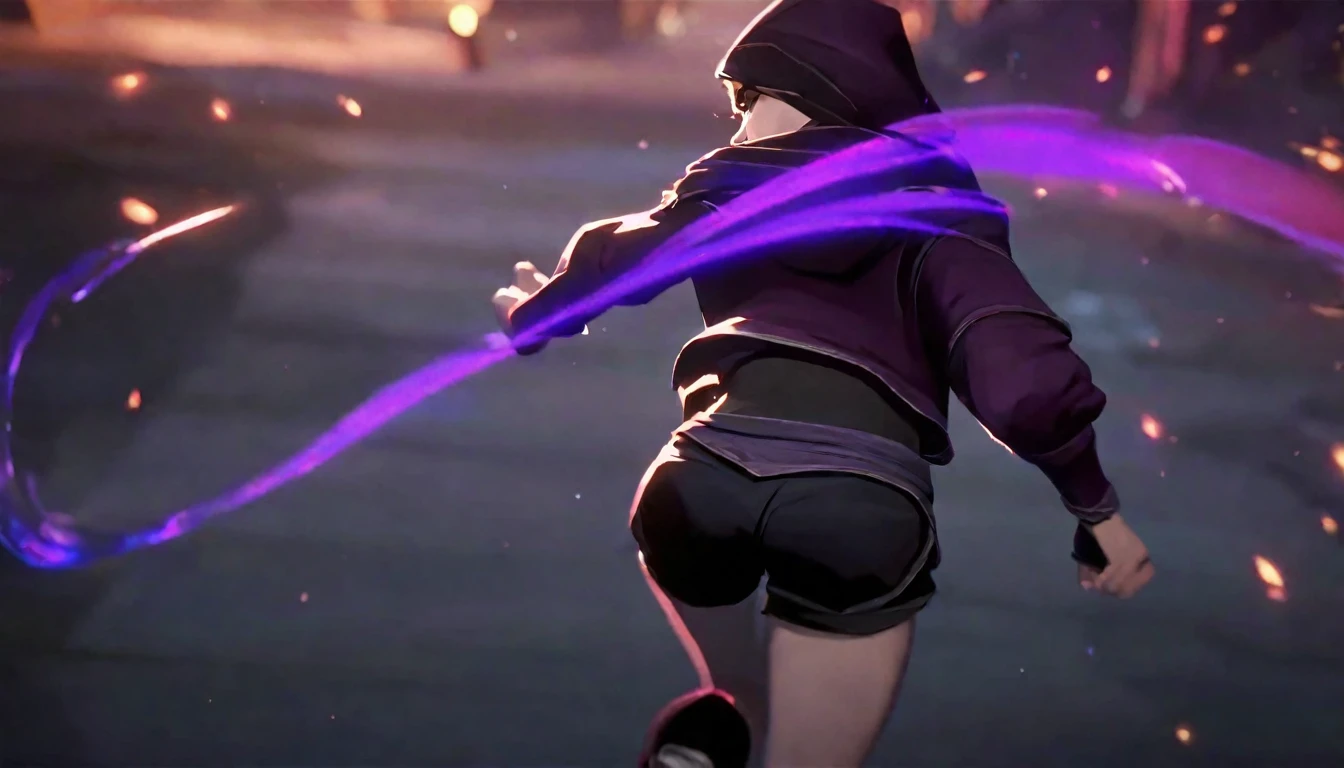 score_9, score_8_up, score_7_up, score_6_up, score_5_up, score_4_up, BREAK Arcane, solo, best aesthetic, league of legends, thin, pale skin, long shot, cinematic lighting, bokeh, epic, contrasting color pallette, striking colors, 1 girl running, back angle, purple hoodie, thick thighs, black shorts, tight clothing, highly detailed city background, purple clothes with black highlights,