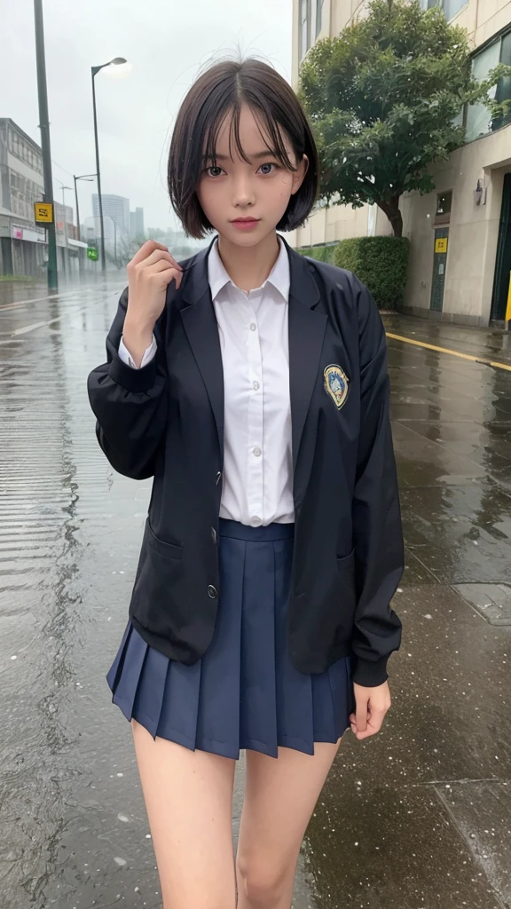 One girl, rain-wet hair, rain-wet clothes, rain-wet legs, rain-wet face, messy hair, whole body wet with rain, (((school uniform))), 20 years old, beautiful woman, pretty face, cute face, rainy cityscape, short hair