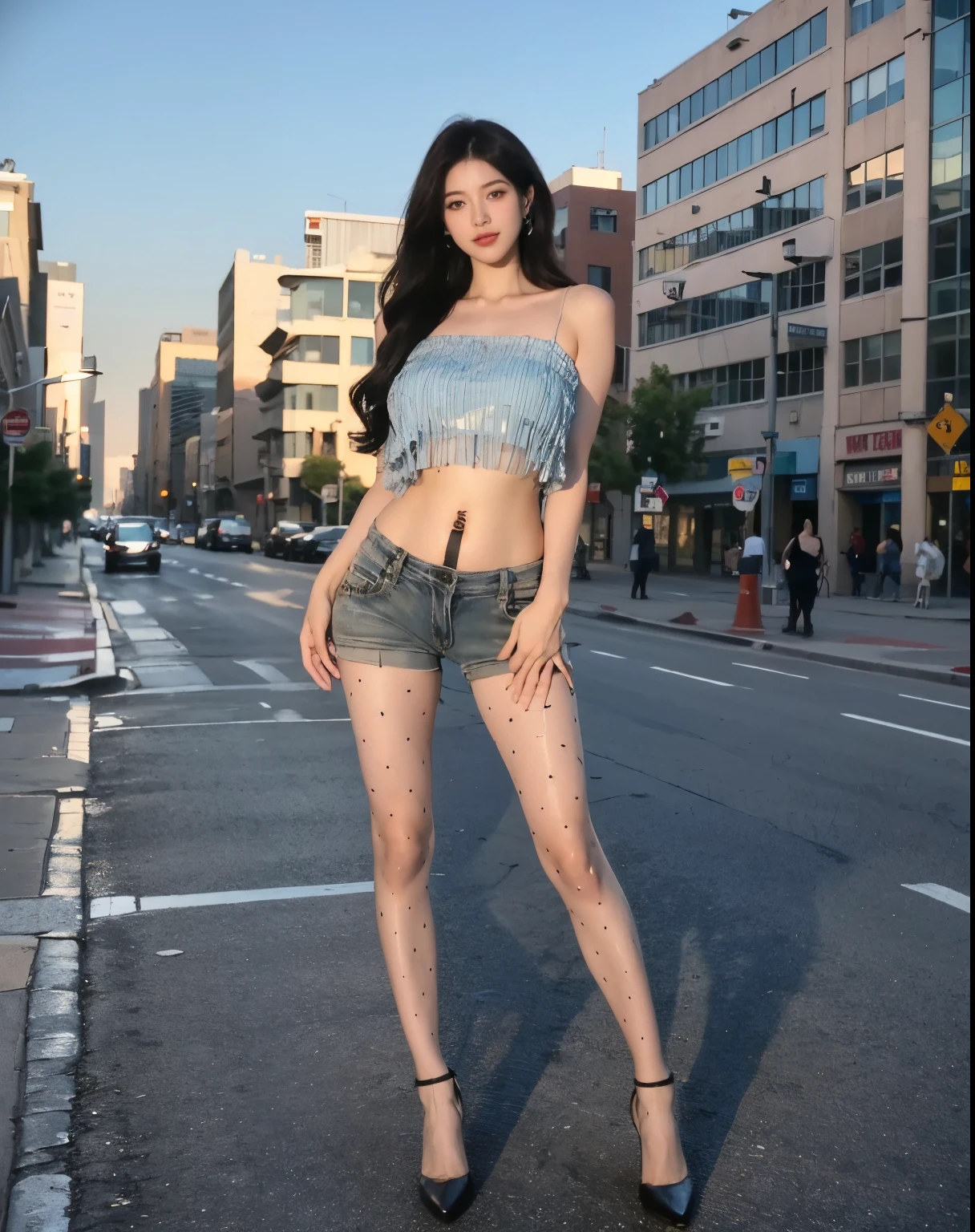 (masterpiece:1.3),(street:1.4),(Cityscape:1.5),(Highest quality:1.3),(whole body:1.3),(Large Breasts:1.2),Entering Piziaake,(Realistic:1.4),See-through,pantyhose,abdomen,(Super detailed:1.3),unity 8k wallpaper,One girl,alone,See-through legwear,belly button,Thong,abdomen,Crop top,Bare shoulders,High heels,Underboob