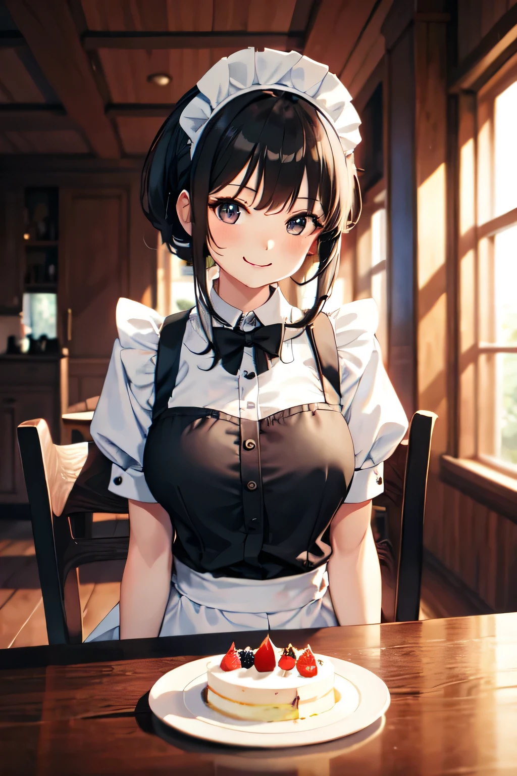 One Girl, Maid, Mansion, A cheerful smile, Sitting in a chair, Hands on knees , body is facing forward, The girl is standing in front of a wooden table, A huge cake on the table, Upper body only, colorful,Vivid , Anime Style,