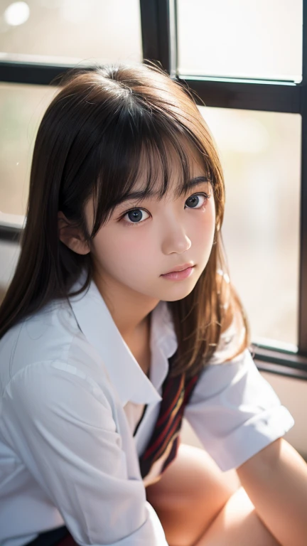 lens: 135mm f1.8,(Highest quality),(Tabletop:1.1), (Beautiful 16 year old Japanese girl),  (Moist lips), Narrow eyes, double eyelid,Delicate clavicle,Flat Chest,Shortcuts,
 (Let me&#39;Let&#39;s take another look), (close:1.4),  shame, A faint smile,
(Spotted sunlight:1.2), Dramatic lighting, 
(Taking off school uniform), (Sunburned skin:0.2),Full body photo、Full Body Focus、Sitting on the floor with legs apart