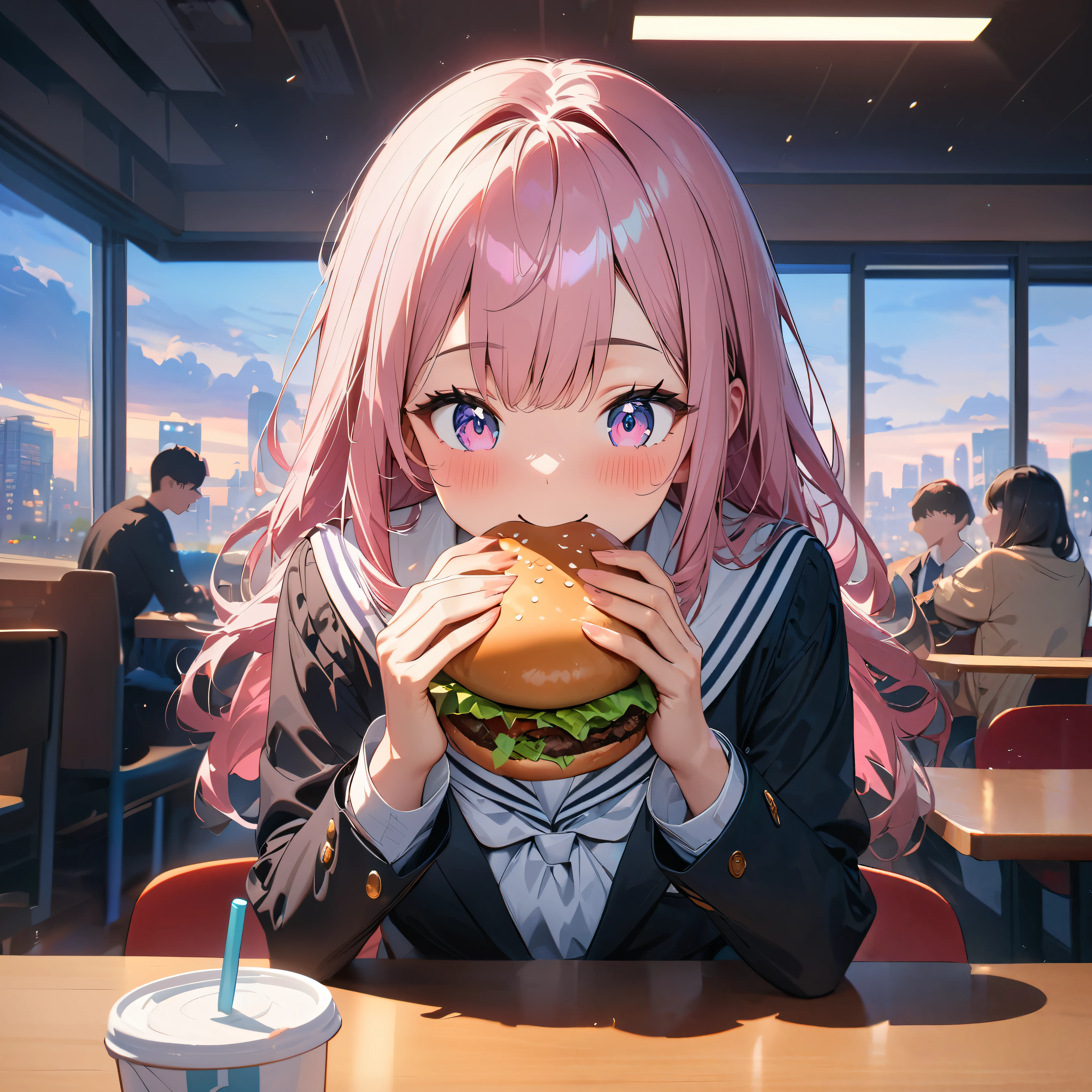 (masterpiece:1.5), highest quality, super detailed, very detailed, exquisite, 16k, full HD, very aesthetic, absurdres, anime style, 1girl, high school girl, female, , shoulder-length pink hair, smiling, , sailor uniform or blazer and skirt, holding a small hamburger, taking a little bite, bright lighting, lively atmosphere of a fast food restaurant, table with a drink, other students in the background, evening cityscape outside the window, soft light illuminating the interior, sharp focus on subject, vivid colors, cheerful and warm atmosphere