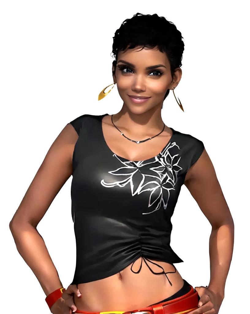 she's black, black hair, dark brown eyes, (eyes turned to look at the camera), swedish, as a character in Out Run 2, of SEGA, 3D CG from the 2000s, Holly, 2k, 2 k, ((smiling face)), realistic, render of halle berry, fighting game character, nina from tekken, bright clean face, from devil may cry, wide open curious eyes, carefree pose, black leather shirt with black and white flower art on it, simple golden necklace and earrings, hands on the hips, red belt, red wristband, smiling mouth