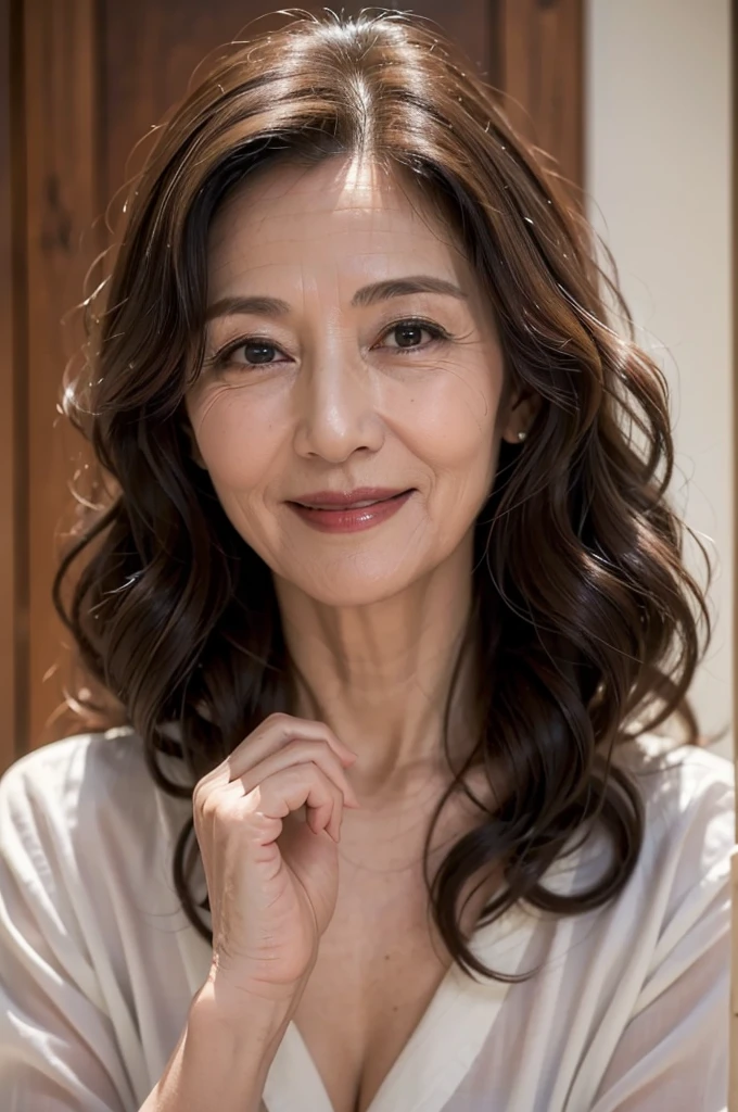 (masterpiece:1.4),(60-year-old woman:1.5),(facial wrinkles 1.2),smile,Long Wavy Hair,