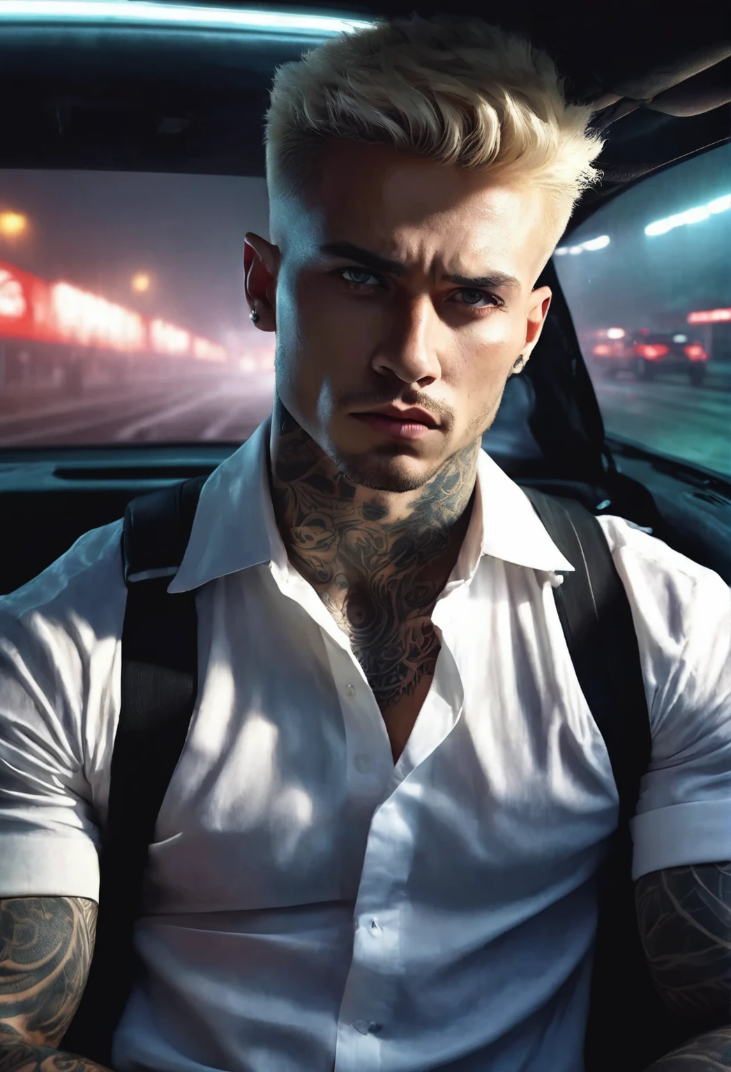 1 man, inside a clandestine race track, wearing a black shirt, detailed facial features, beautiful black and masculine eyes, detailed light skin, medium-length black hair, strong expression, tattoos on the body, dramatic lighting, cinematic composition, cold and dark colors, atmospheric fog, strong chin, manly man, night, (best quality, 4K, 8K, high resolution, art: 1.2), ultra-detailed, (realistic, photorealistic, photorealistic: 1.37)