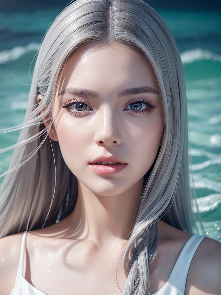 a woman with beautiful features, long grey hair, wearing a pure white dress, high quality, photorealistic, detailed portrait, extremely detailed face, beautiful eyes and lips, long eyelashes, well-proportioned body, perfect perspective, masterpiece, 8K, photo-realistic、It is surrounded by glass-like water.