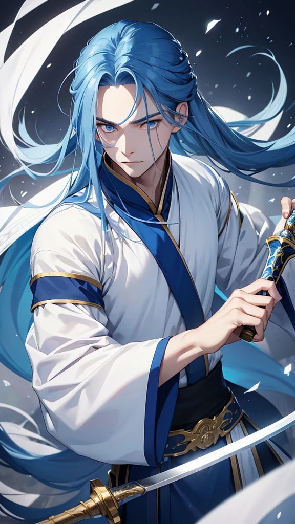 A young man, without a beard, long blue hair, Blue eyes, White skin, china, Hanfu, blue clothes, sword master