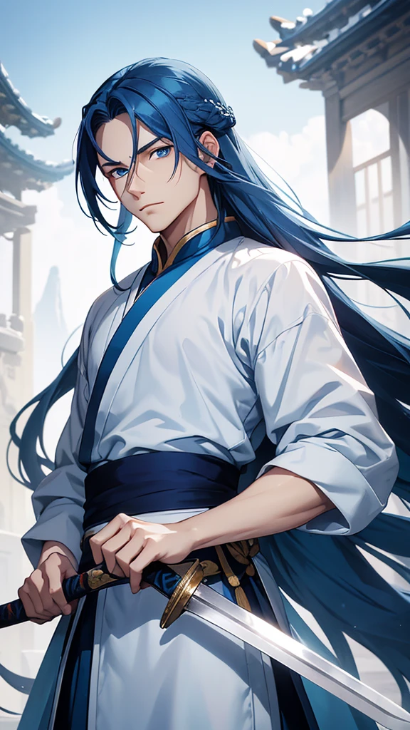 A young man, without a beard, long blue hair, Blue eyes, White skin, china, Hanfu, blue clothes, sword master