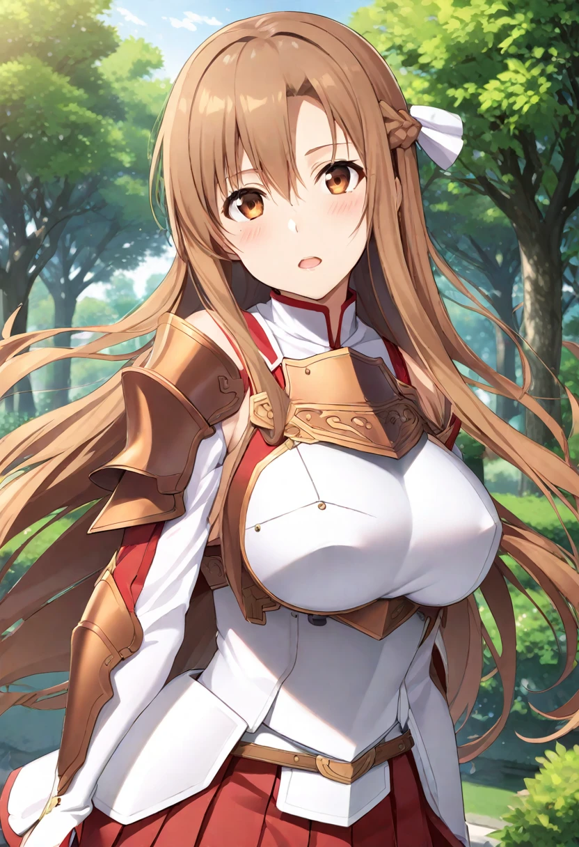 masterpiece, best quality, SimplePositiveXLv2, yuuki asuna, 1girl, solo, long hair, , looking at viewer, blush, open mouth, bangs, skirt, large breasts hair, long sleeves, bare shoulders, brown eyes, upper body, braid, pleated skirt, outdoors, parted lips, detached sleeves, day, belt, armor, tree, orange eyes, floating hair, red skirt, breastplate, bature woman