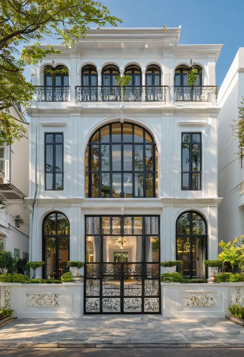 neo classical villa on street, (daylight), tropical trees, vivid colour, streetcapes, white tone, white wall, large glass door, interior with warm lighting, wood and marble, best quality, 20ArchiAI_XL_NeoTH-v2