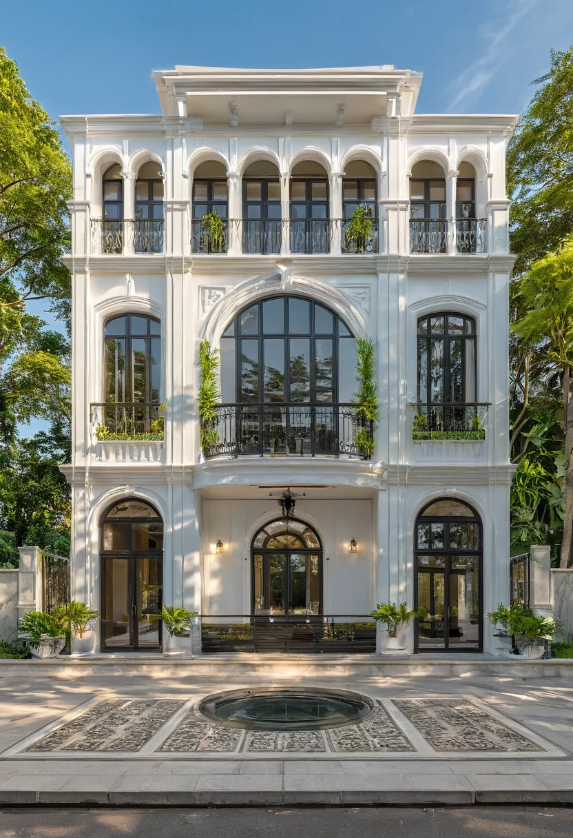 neo classical villa on street, (daylight), tropical trees, vivid colour, streetcapes, white tone, white wall, large glass door, interior with warm lighting, wood and marble, best quality, 20ArchiAI_XL_NeoTH-v2