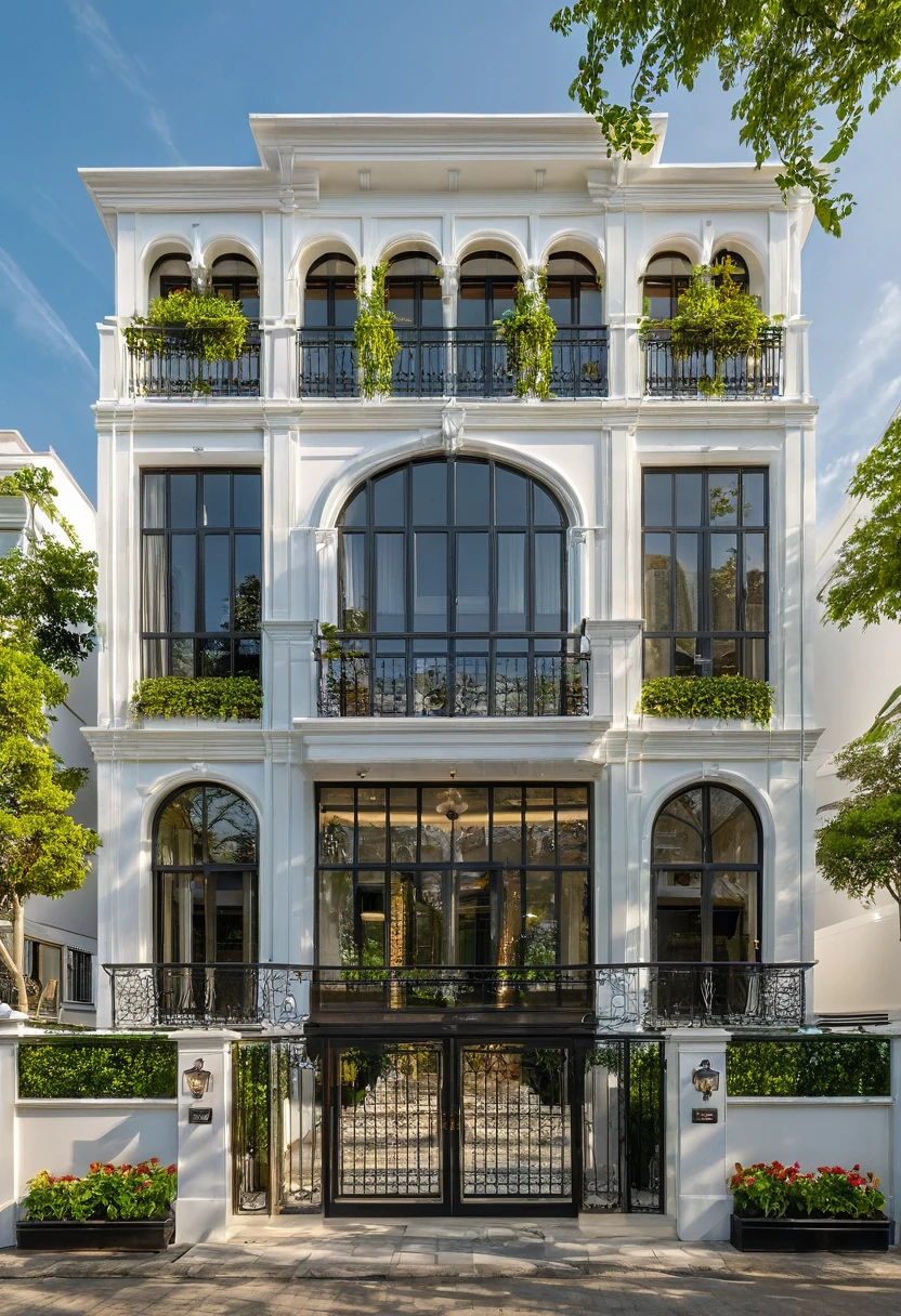neo classical villa on street, (daylight), tropical trees, vivid colour, streetcapes, white tone, white wall, large glass door, interior with warm lighting, wood and marble, best quality, 20ArchiAI_XL_NeoTH-v2